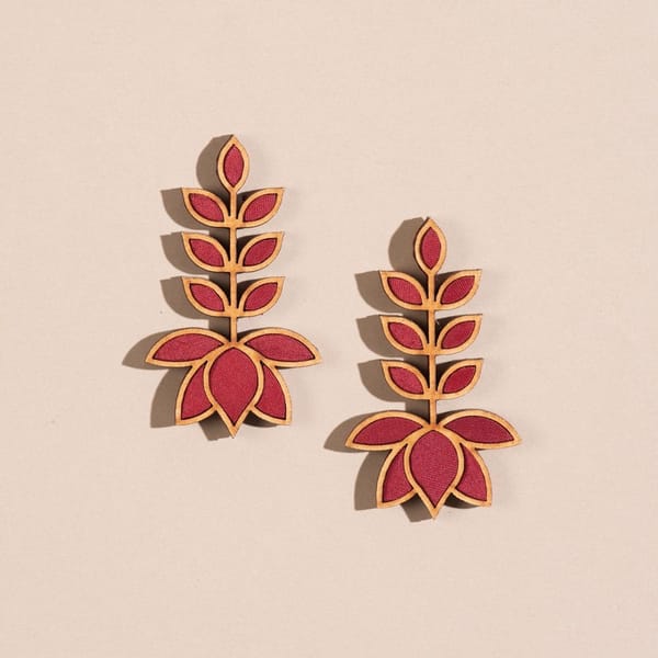 Red Festive Leaf Motif Upcycled Fabric & Repurposed Wood Earrings