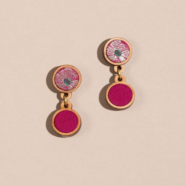 Pink Pure Banarasi Upcycled Fabric & Repurposed Wood Earrings