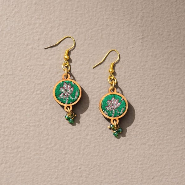 Green Festive Pure Banarasi Brocade Fabric & Repurposed Wood Earrings