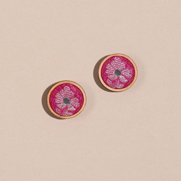Handmade Pink Pure Banarasi Brocade Fabric & Repurposed Wood Stud Earrings