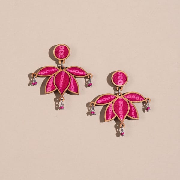 Pink Pure Georgette Bandhani Upcycled Fabric & Repurposed Wood Statement Lotus Earrings