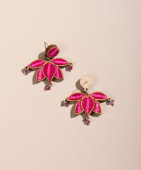 Pink Pure Georgette Bandhani Upcycled Fabric & Repurposed Wood Statement Lotus Earrings