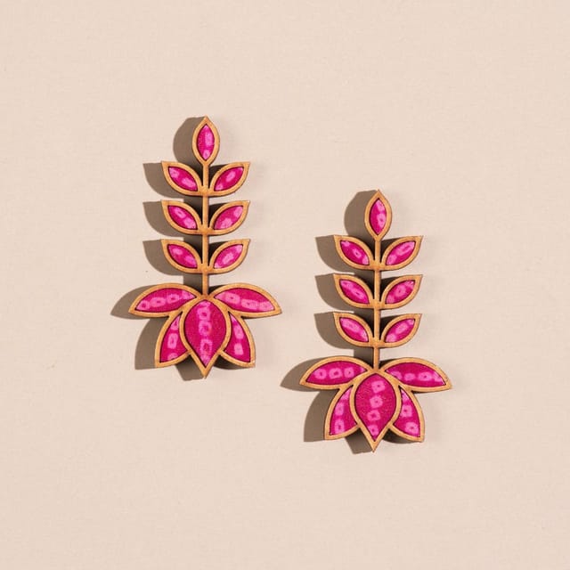 Pink Pure Georgette Bandhani Upcycled Fabric & Repurposed Wood Lotus Earrings