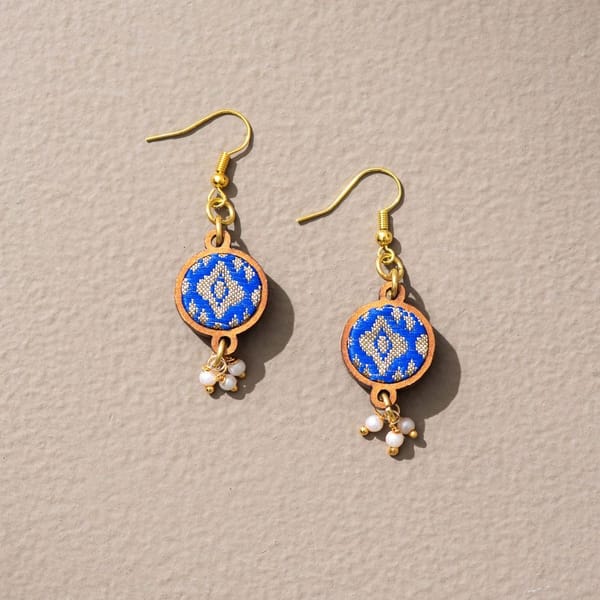 Blue Brocade Festive Repurposed Fabric & Wood earrings