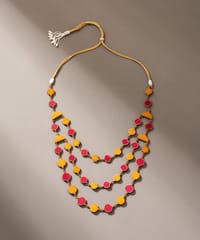 Red Mustard  Festive Upcycled Fabric and Repurposed Wood Elaborate Necklace