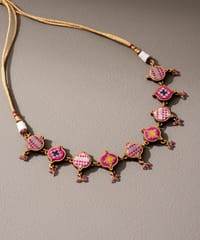 Pink Festive Upcycled Fabric & Repurposed Wood Choker Necklace