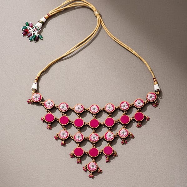 Pink Pure Banarasi Upcycled Fabric & Repurposed Wood Adjustable Statement Necklace