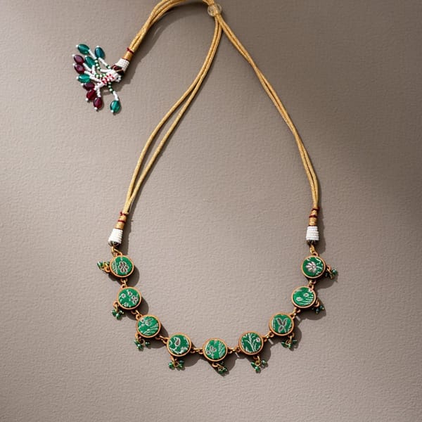 Green Festive Pure Banarasi Brocade Fabric & Repurposed Wood Choker Necklace