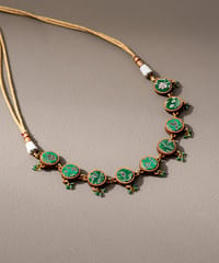 Green Festive Pure Banarasi Brocade Fabric & Repurposed Wood Choker Necklace