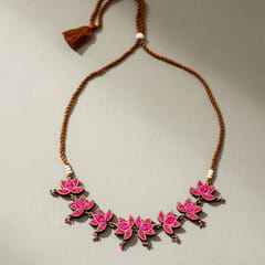 Pink Pure Georgette Bandhani Upcycled Fabric & Repurposed Wood Statement Choker Lotus Necklace