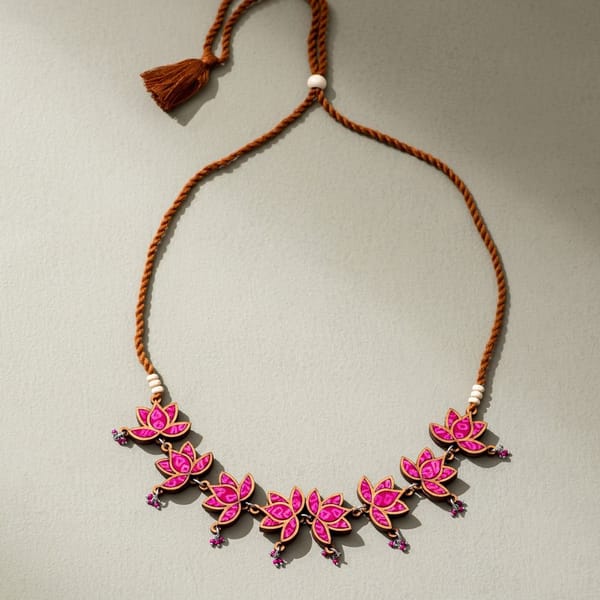 Pink Pure Georgette Bandhani Upcycled Fabric & Repurposed Wood Statement Choker Lotus Necklace