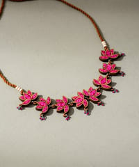 Pink Pure Georgette Bandhani Upcycled Fabric & Repurposed Wood Statement Choker Lotus Necklace