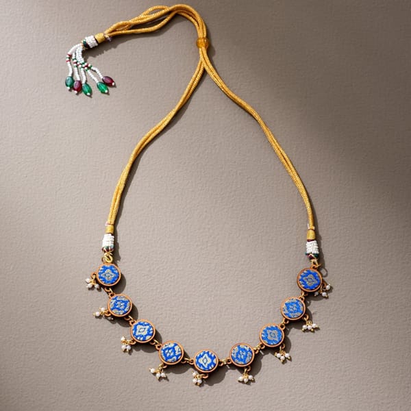 Blue Brocade Festive Repurposed Fabric & Wood Adjustable Necklace