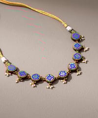 Blue Brocade Festive Repurposed Fabric & Wood Adjustable Necklace