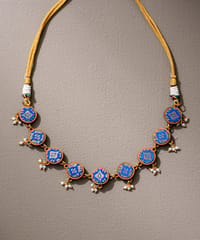 Blue Brocade Festive Repurposed Fabric & Wood Adjustable Necklace