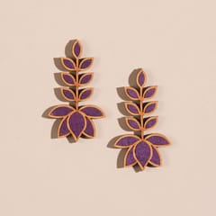 Purple Leaf Motif Upcycled Fabric and Repurposed Wood Earrings