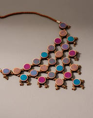 Violet Multi Coloured Upcycled Fabric and Repurposed Wood Adjustable Statement Necklace