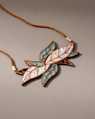 Turquoise White Bloom Leaf Motif Upcycled Fabric and Repurposed Wood Necklace