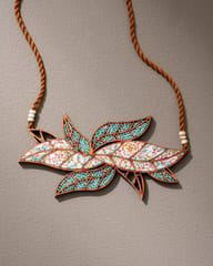 Turquoise White Bloom Leaf Motif Upcycled Fabric and Repurposed Wood Necklace