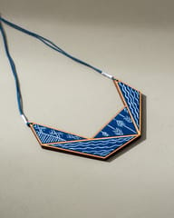 Hand Painted Blue Connecting Triangle Upcycled Fabric and Repurposed Wood Necklace