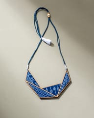 Hand Painted Blue Connecting Triangle Upcycled Fabric and Repurposed Wood Necklace