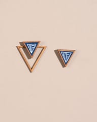 Hand Painted Blue Two Look in One Upcycled Fabric and Repurposed Wood Triangle Earring