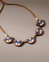Indigo Bloom Lotus Upcycled Fabric and Repurposed Wood Necklace