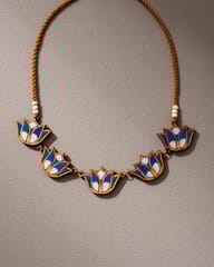 Indigo Bloom Lotus Upcycled Fabric and Repurposed Wood Necklace