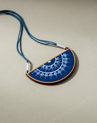 Hand Painted Blue Upcycled Fabric and Repurposed Wood Semi Circle Necklace