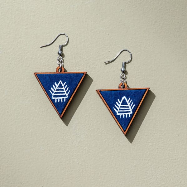 Hand Painted Blue Upcycled Fabric and Repurposed Wood Triangular Earrings