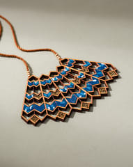 Blue Wave Pattern Kalamkari Upcycled Fabric and Repurposed Wood Necklace