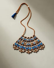 Blue Wave Pattern Kalamkari Upcycled Fabric and Repurposed Wood Necklace