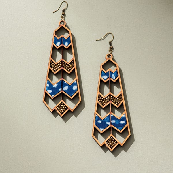 Blue Wave Pattern Upcycled Fabric and Repurposed Wood Earrings