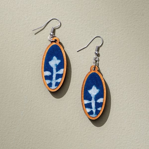Indigo Upcycled Fabric and Repurposed Wood Oval Earrings