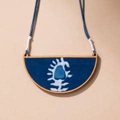 Indigo Upcycled Fabric and Repurposed Wood Semi Circle Necklace