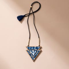 Indigo Upcycled Fabric and Repurposed Wood Triangular Necklace