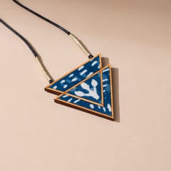 Indigo Upcycled Fabric and Repurposed Wood Triangular Necklace