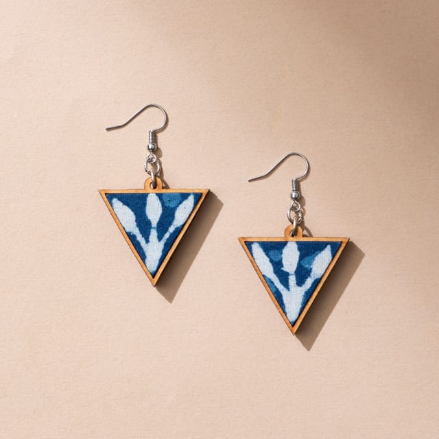 Indigo Upcycled Fabric and Repurposed Wood Triangular Earrings