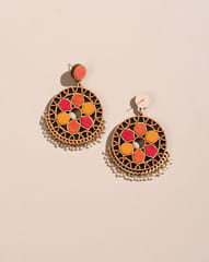Red and Orange Festive Wheel Upcycled Fabric and Repurposed Wood Earrings