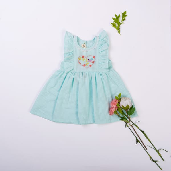 Girls Powder Blue Heart Embroidered Dress